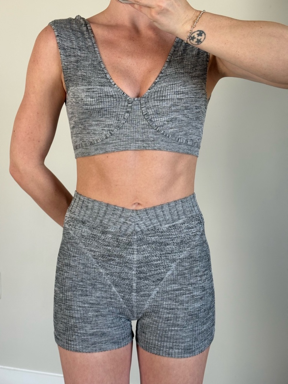 Seamless Ribbed Grey Knit Crop Top and Shorts Set
